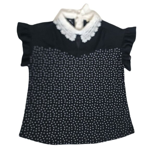 Faith And Joy Women's Black Polka Dot Eyelet Lace Collar Blouse Size Medium - Picture 3 of 12